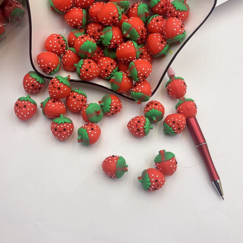 Wholesale Mix 40pcs UV Coated Acrylic Cartoon Head Macaron Color Straight Hole Beads or 10pcs 3D Strawberry Silicone Focal Beads